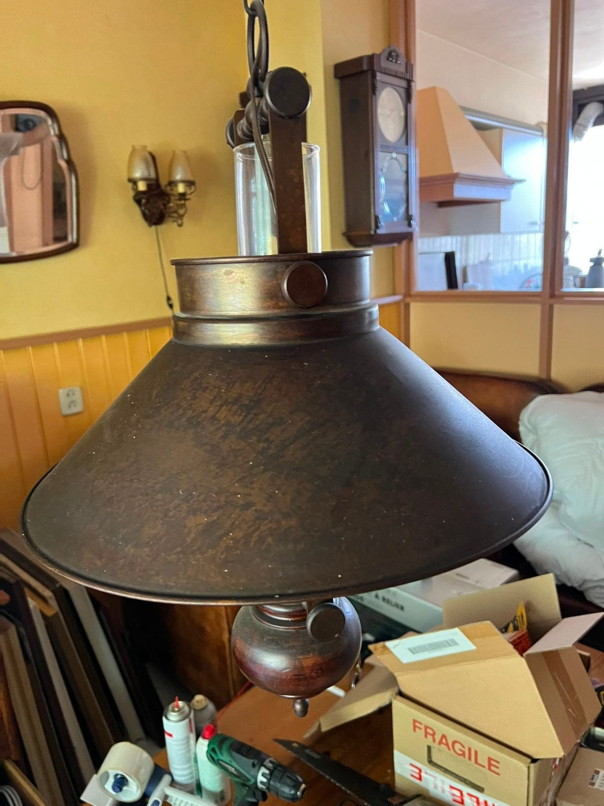 Rustieke hanglamp met bronzen afwerking en glazen cilinder, Gebruikt, Rustiek, Landelijk, Industrieel, Glas, E27 (groot)