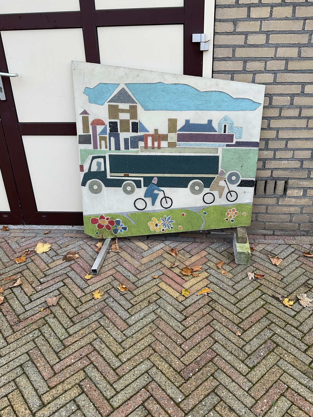 Uniek mozaïek kunstwerk: Stadsgezicht met verkeer, Ophalen of Verzenden, Handgemaakt, Wanddecoratie, Scène