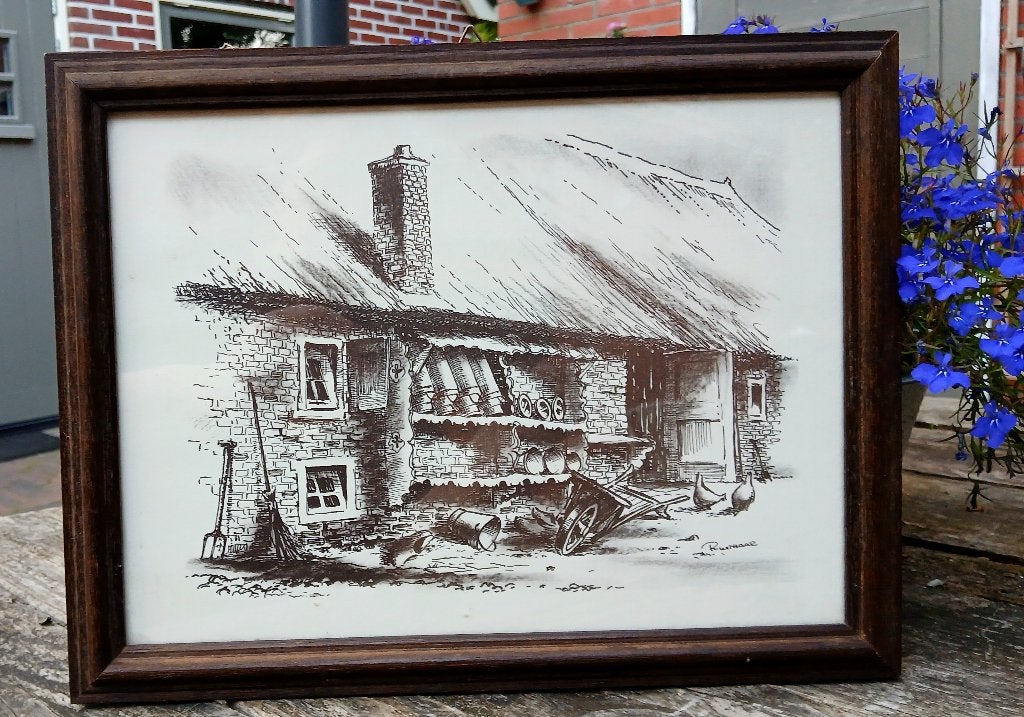 Reint Gerrit Withaar - Boerderij - grafiek / prent in houten, Ophalen of Verzenden, Reproductie, Pentekening, Achter glas