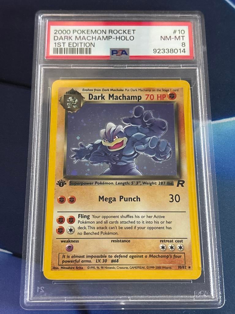 Dark Machamp Holo 1st Edition PSA 8, Ophalen of Verzenden, Zo goed als nieuw, Losse kaart, Foil