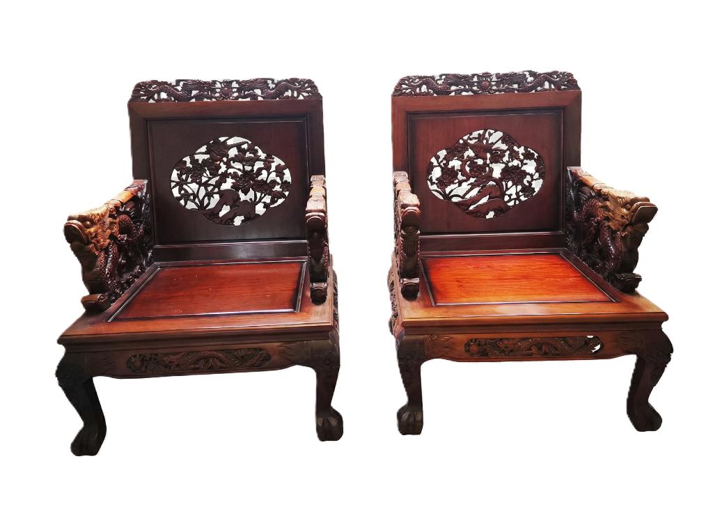 2 zware Chinese draak Dragon lounge stoel fauteuil snijwerk, Antiek en Kunst, Antiek | Meubels | Stoelen en Banken, Ophalen