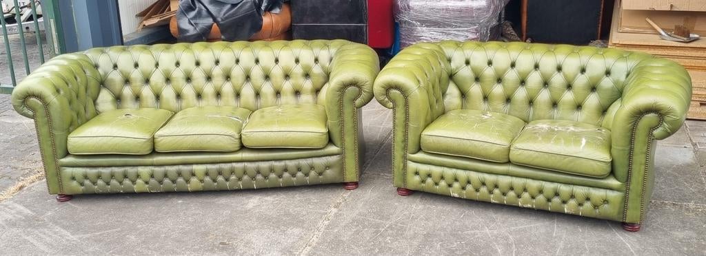 Vintage Chesterfield bankstel groen + BEZORGING GRATIS