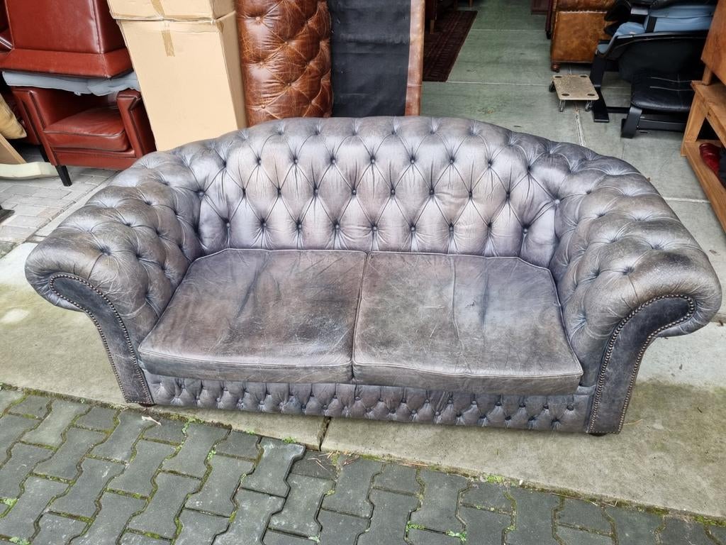 Chesterfield bank blauw grijs leer + BEZORGING GRATIS, Huis en Inrichting, Gebruikt, Chesterfield, Leer, Ophalen of Verzenden