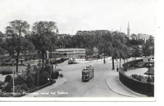 GRONINGEN Panorama vanaf station scheepvaart havengezicht, Verzamelen, Ansichtkaarten | Nederland, Verzenden, 1940 tot 1960, Gelopen