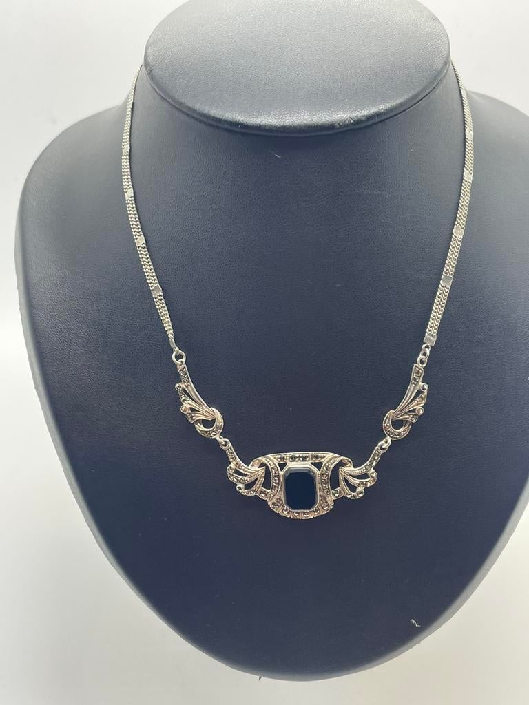 B924 Prachtige vintage zilveren ketting onyx markasiet, Sieraden, Tassen en Uiterlijk, Kettingen, Zilver, Zilver, Met edelsteen