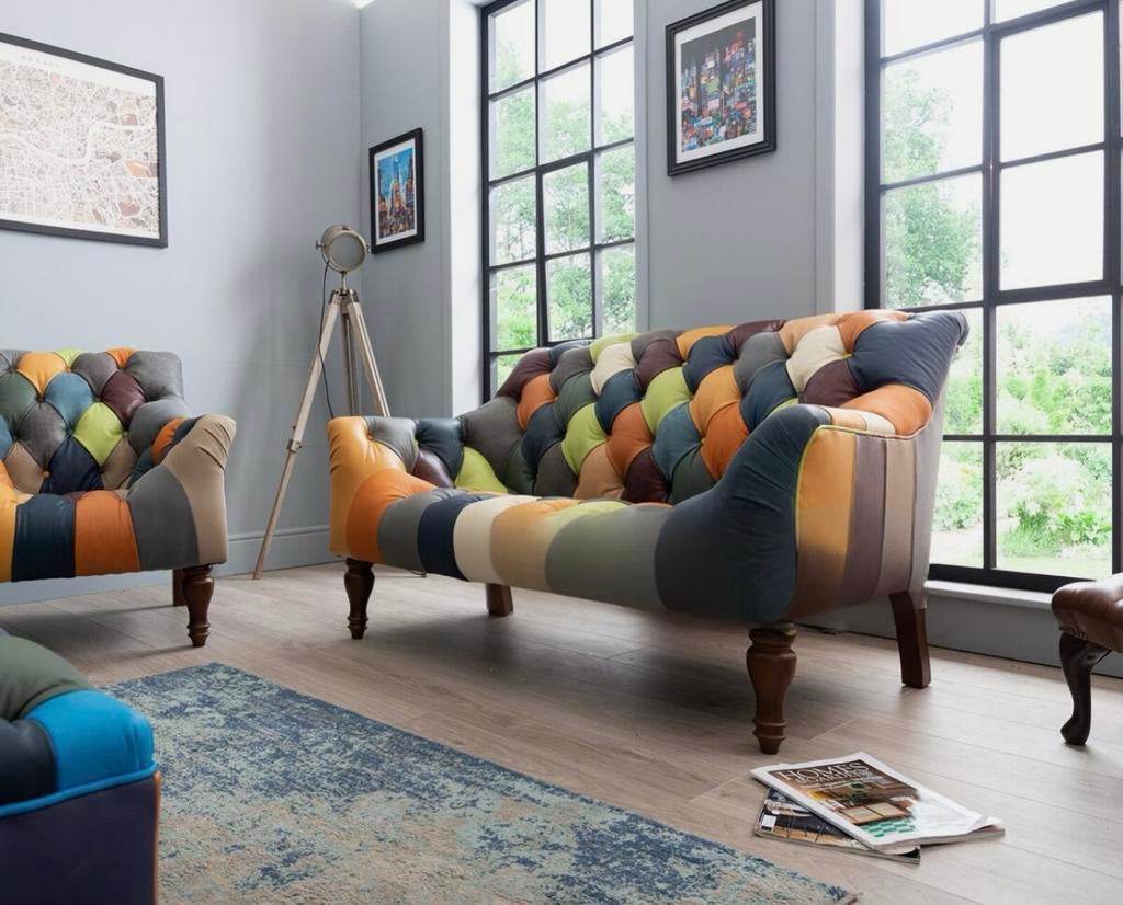 DALLAS PATCHWORK / MULTICOLOR CHESTERFIELD 2 ZITS BANK TWEED, Ophalen of Verzenden, Nieuw, 75 tot 100 cm, Leer