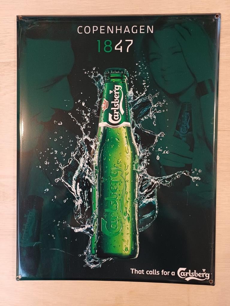 Carlsberg Beer Origineel Reclamebord Metaal Met Reliéf, Verzamelen, Biermerken, Ophalen, Gebruikt, Reclamebord, Plaat of Schild