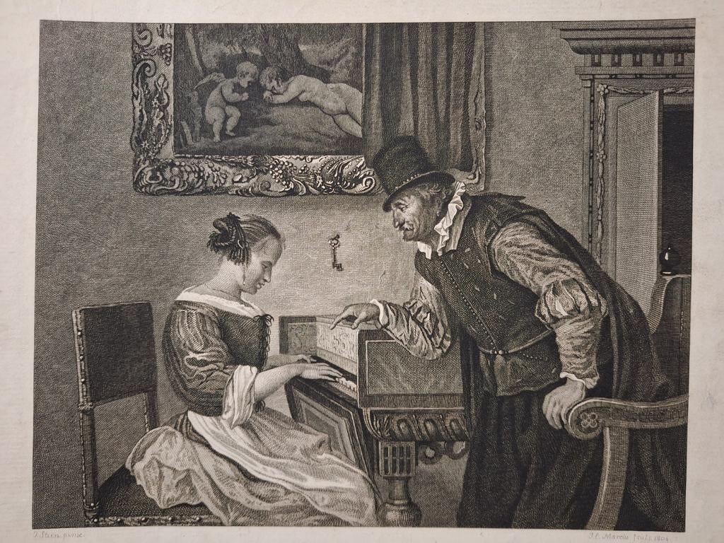 Antieke Gravure uit 1804 meisje speelt spinet, Ophalen of Verzenden