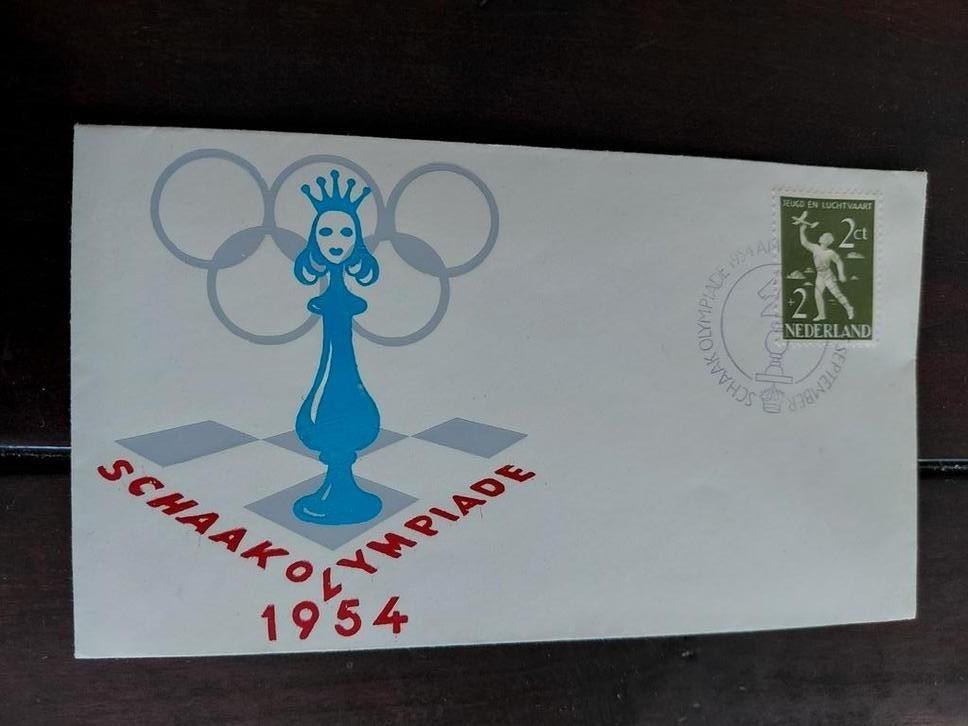 Envelop  SCHAAKOLYMPIADE  AMSTERDAM  1954, Ophalen of Verzenden, 1940 tot 1960, Ongelopen, Sport en Spel