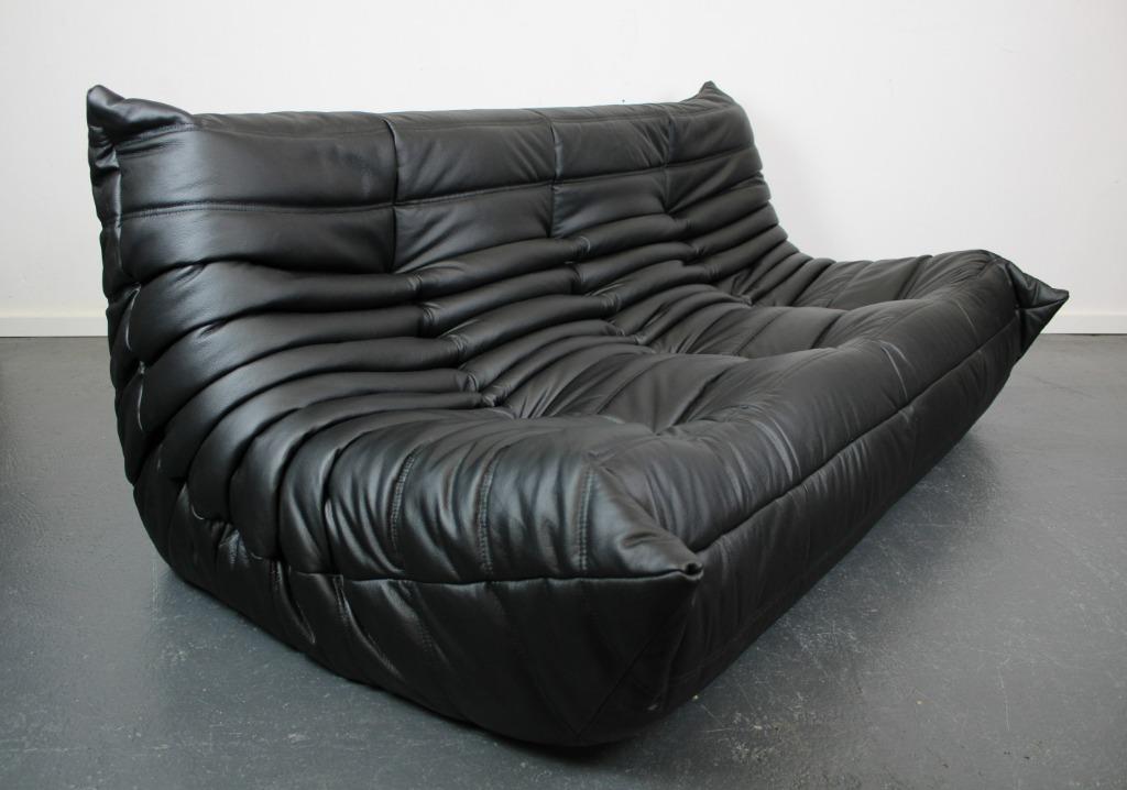Ligne Roset Togo 3-zits, zwart leer, Ophalen, 250 tot 300 cm, Driepersoons, Nieuw