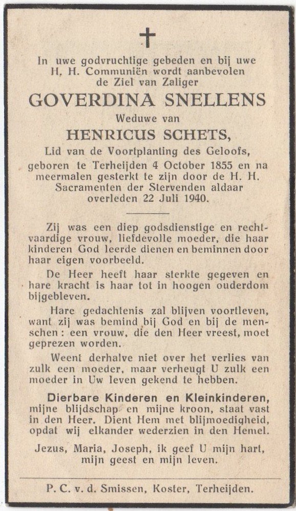 Goverdina Snellens 1855 Terheijden + 1940 Terheijden, 84 jr, Verzenden