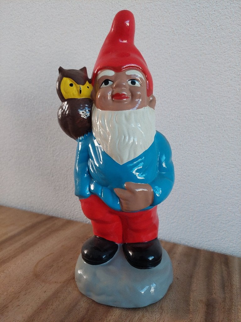 Vintage stenen Kabouter met uil, Ophalen of Verzenden, Zo goed als nieuw, Dier