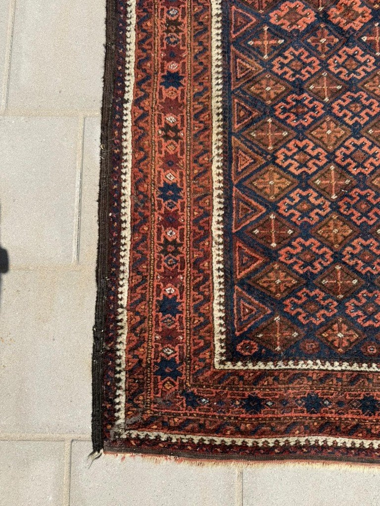 Antiek Baluch tapijt–159x84cm– natuurlijke Oranje en DBlauwe, Wol, NA, 150 tot 200 cm, NA