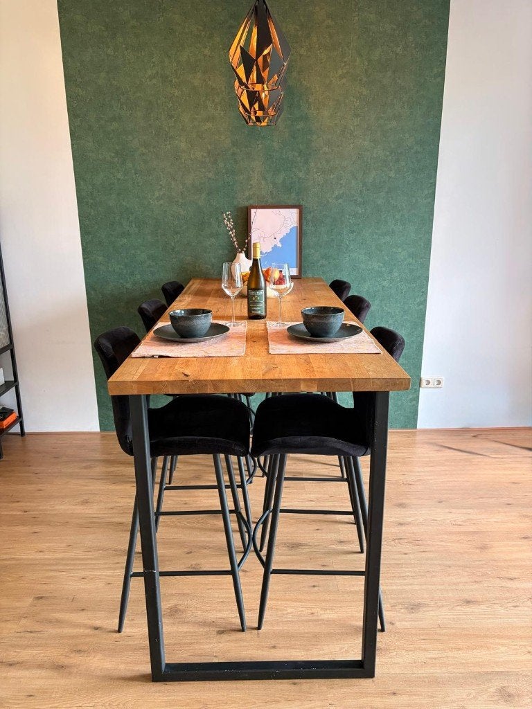 Eettafel/Bartafel eikenhouten blad + 6 stoelen, Ophalen, Gebruikt, 200 cm of meer, 50 tot 100 cm