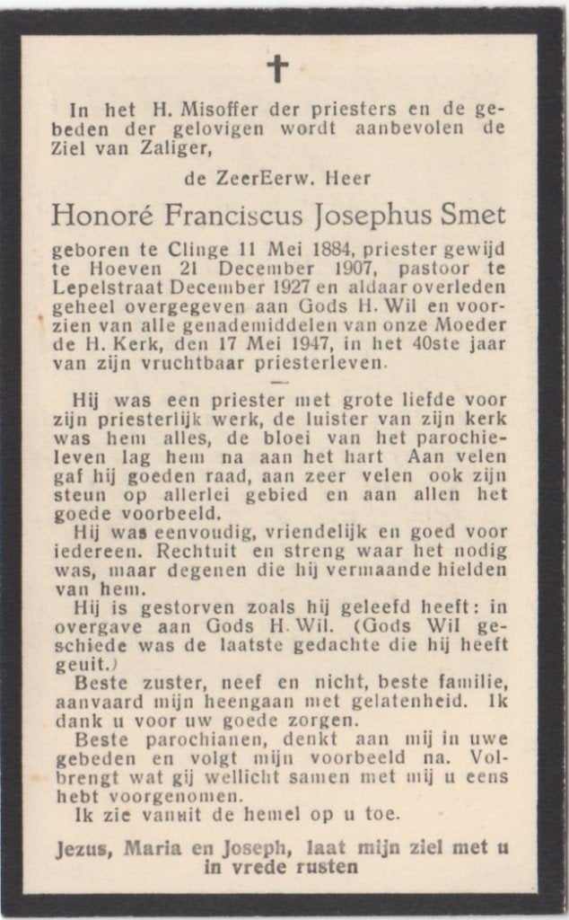 pastoor Honoré F.J. Smet 1884 Clinge + 1947 Lepelstraat, Verzamelen, Bidprentjes en Rouwkaarten, Ophalen of Verzenden