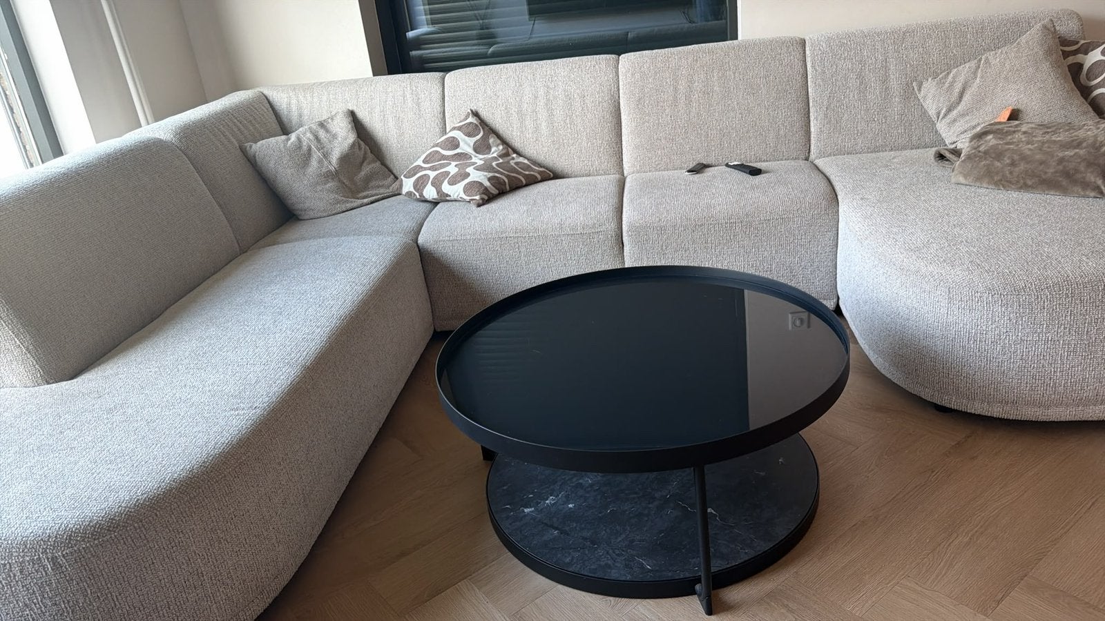 IKEA FRÖTORP salontafel 88 cm – antraciet marmer/zwart glas, Ophalen, 50 tot 100 cm, Rond, Glas