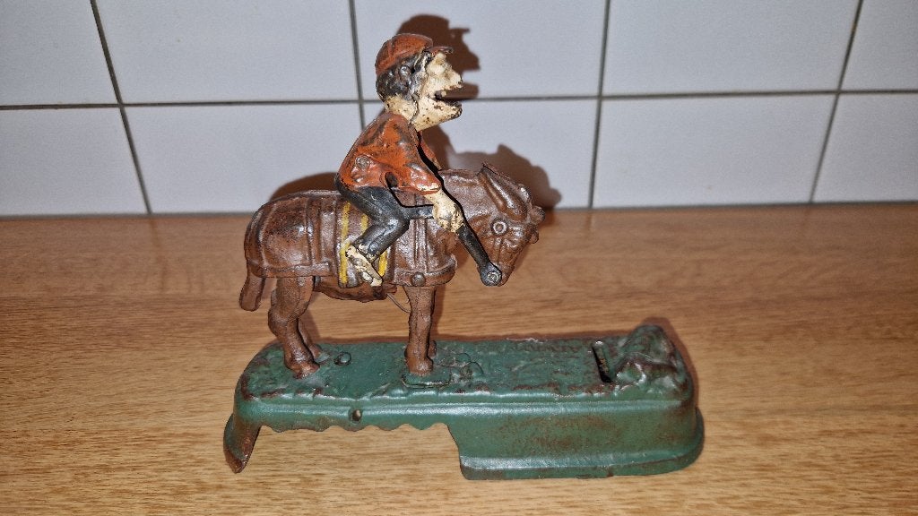 gietijzeren mechanische spaarpot ruiter op paard, Ophalen, Gebruikt, Metaal of Blik, Dier