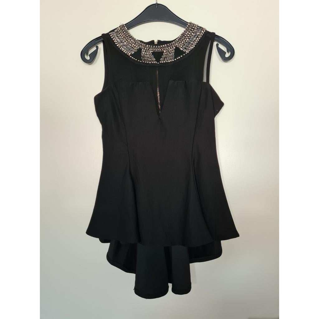Zwarte peplum top met mesh & kraaltjes van Flam Mode maat S, Kleding | Dames, Verzenden, Zwart, Zo goed als nieuw, Flam Mode
