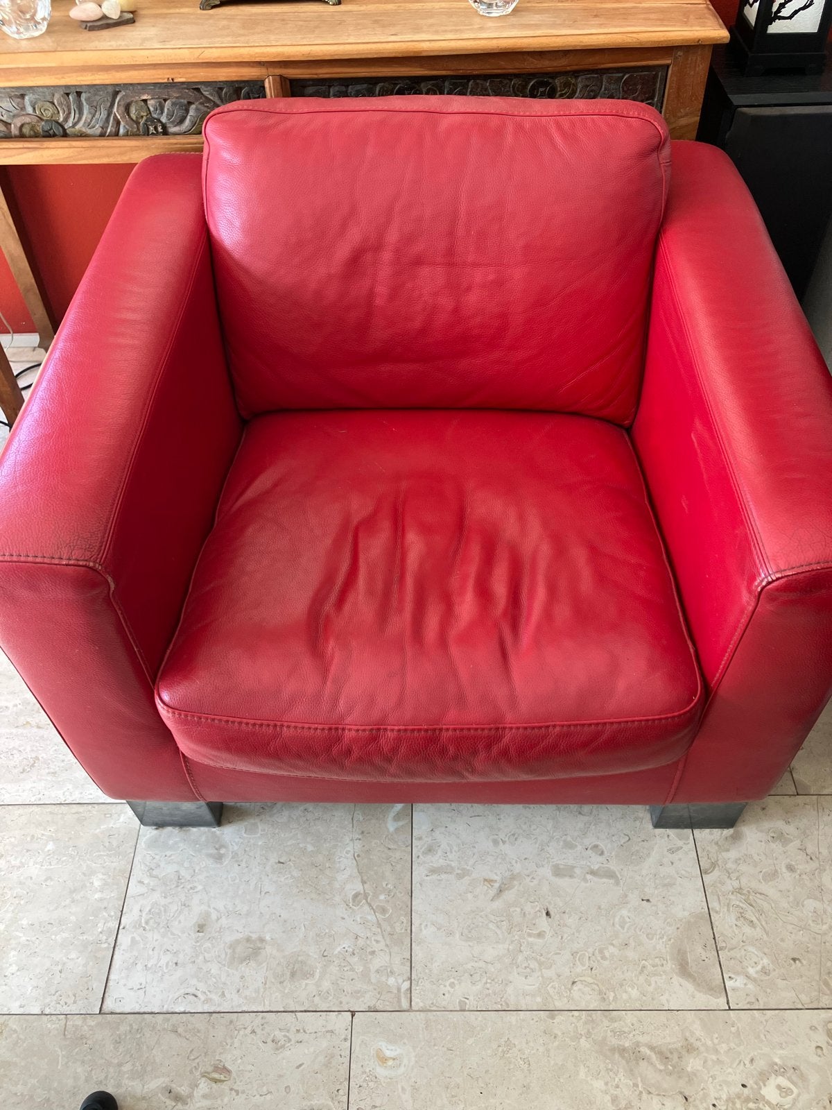 Rode leren fauteuil van Topform, Ophalen, Zo goed als nieuw, Leer, 75 tot 100 cm