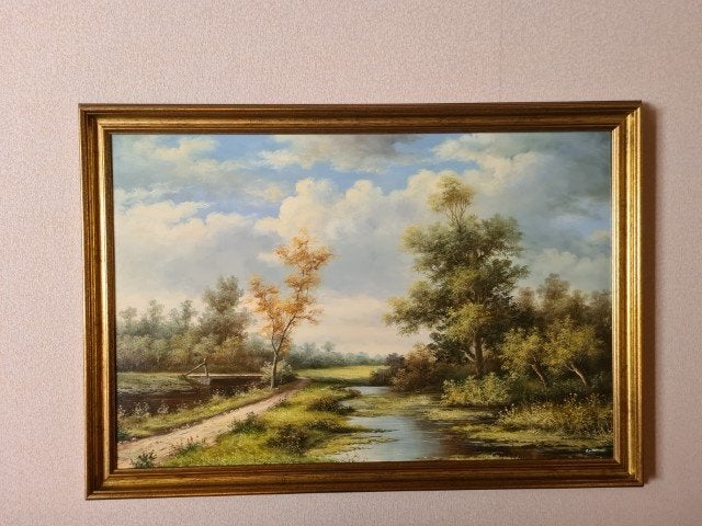 Schilderij Landschap R. van Hoof, Ophalen, Doek, Landschap, Olieverf
