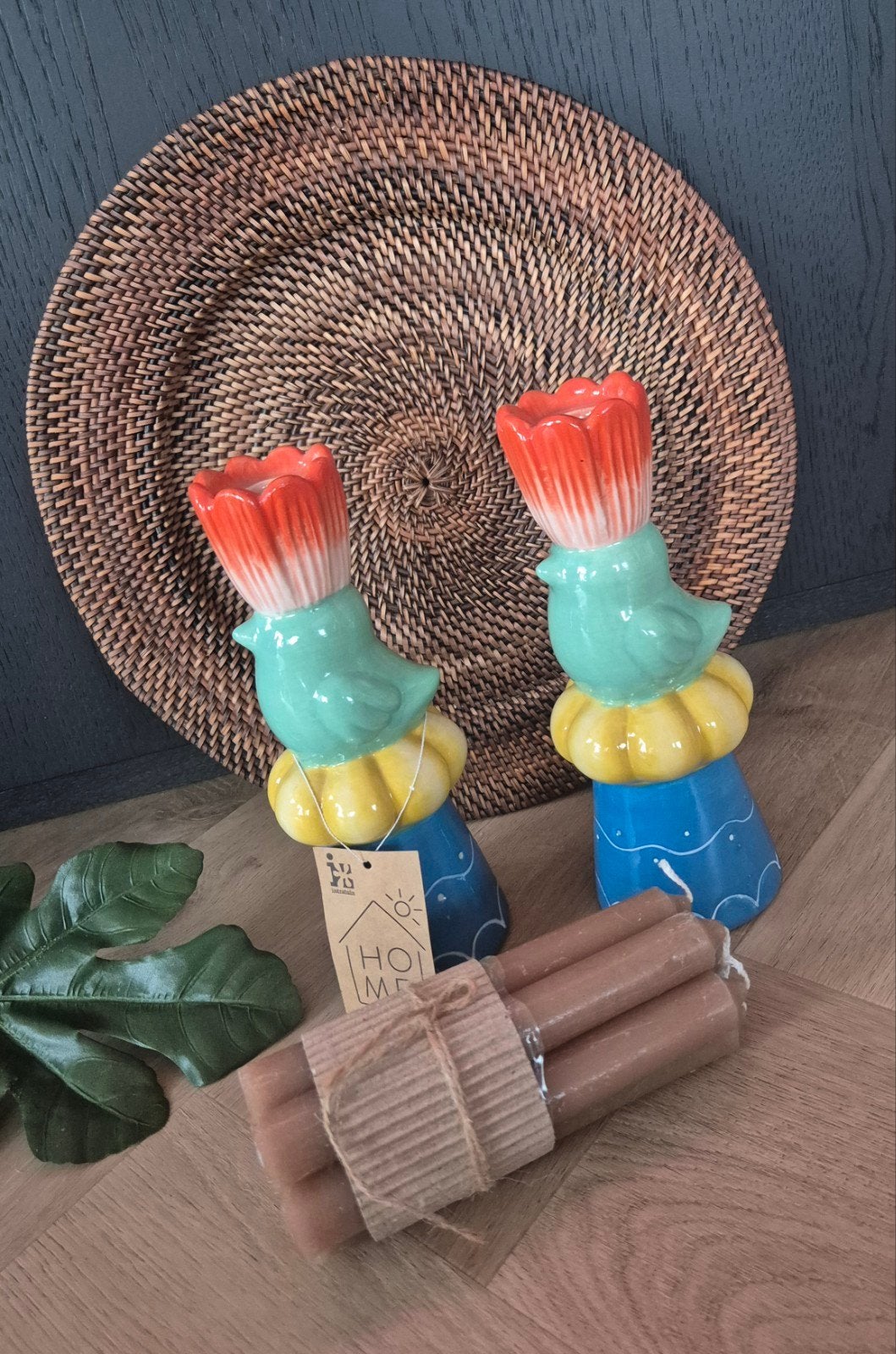 Set van 2 vrolijke kandelaars - vogel en bloem design, Meerkleurig, Overige merken, Nieuw, Ophalen of Verzenden