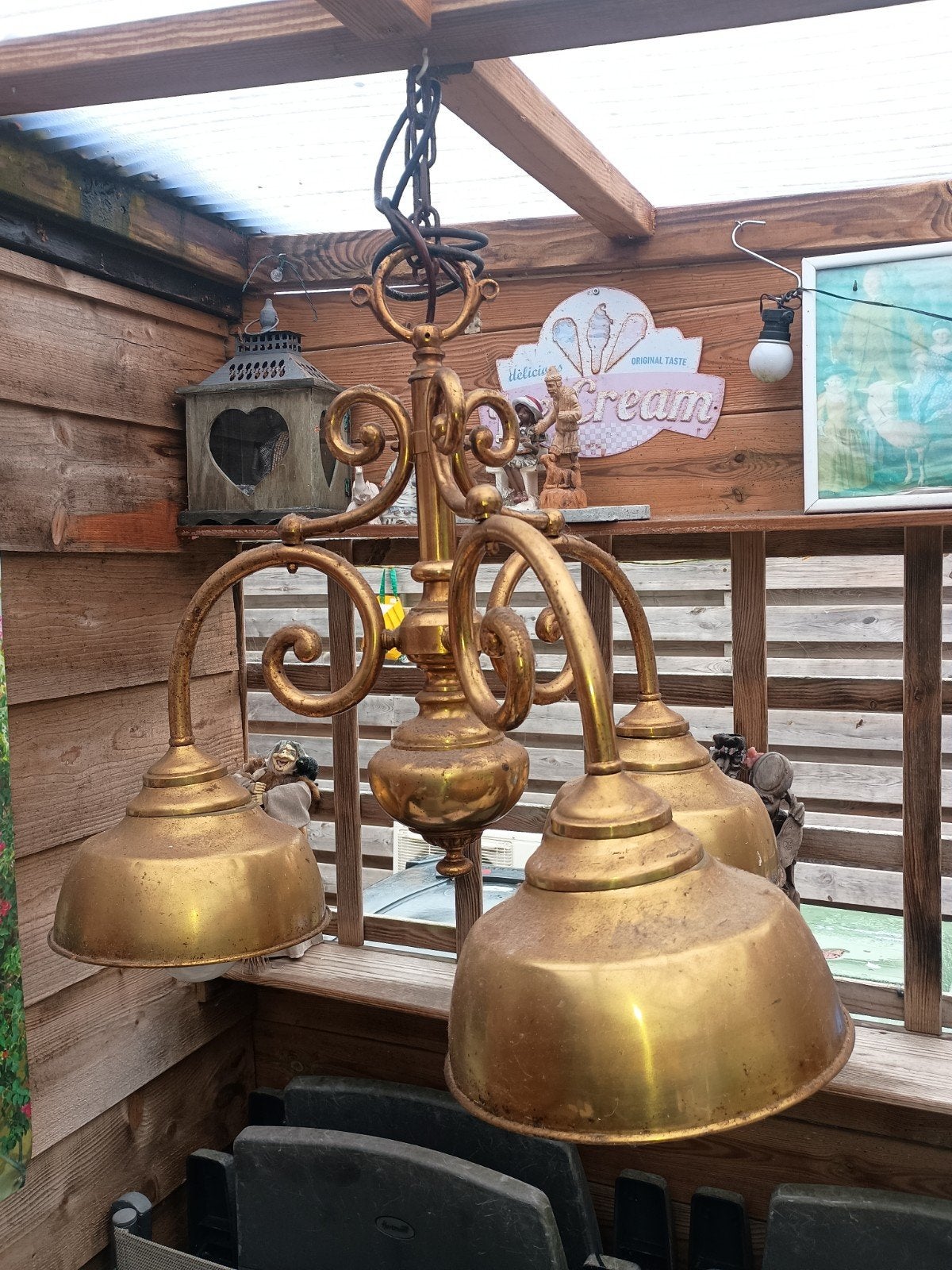 Antieke koperen kroonluchter met 3 lampen, Ophalen of Verzenden