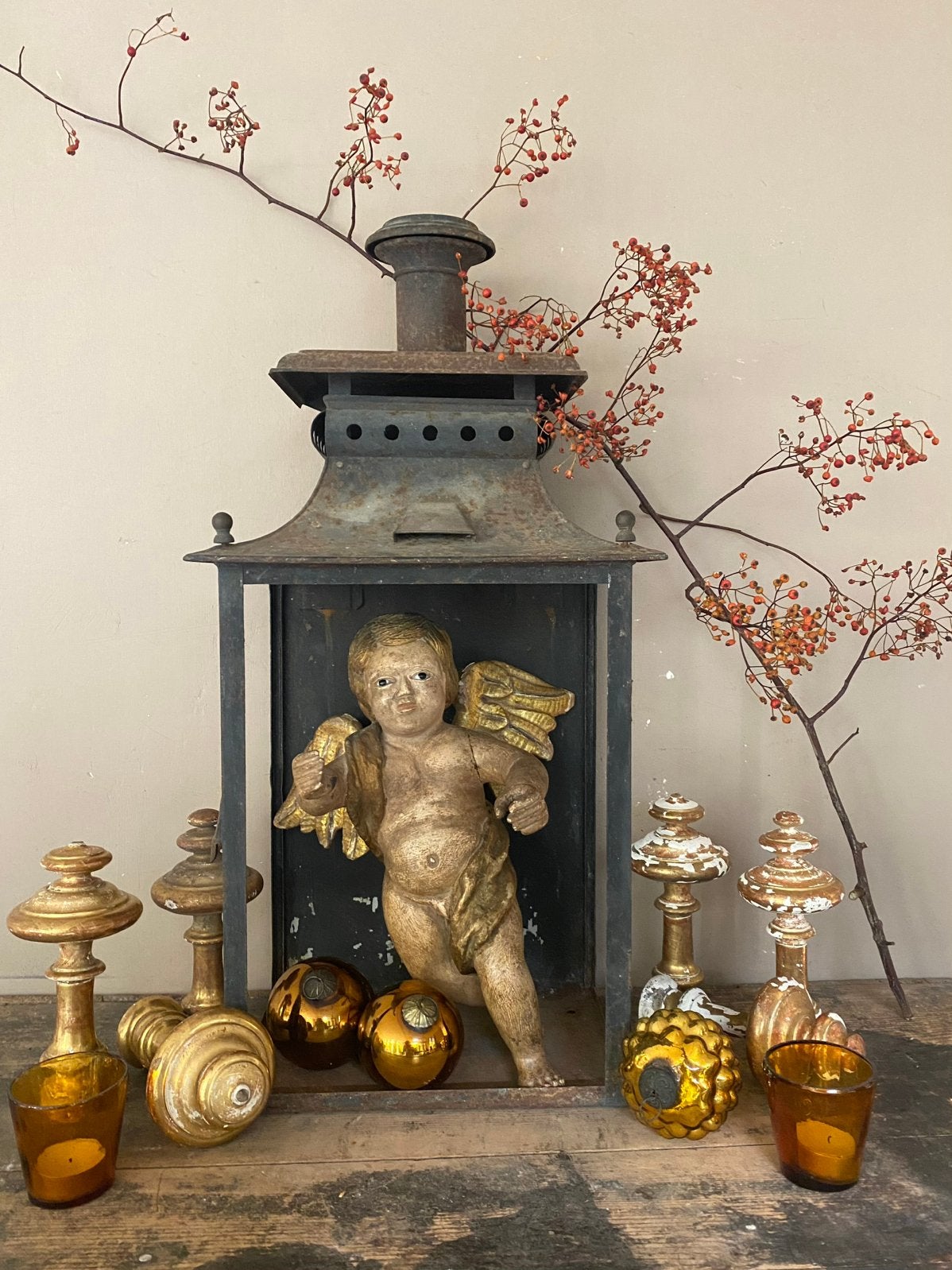 Antiek franse lantaarn, vitrine, engel, ornamenten, Antiek en Kunst, Ophalen of Verzenden