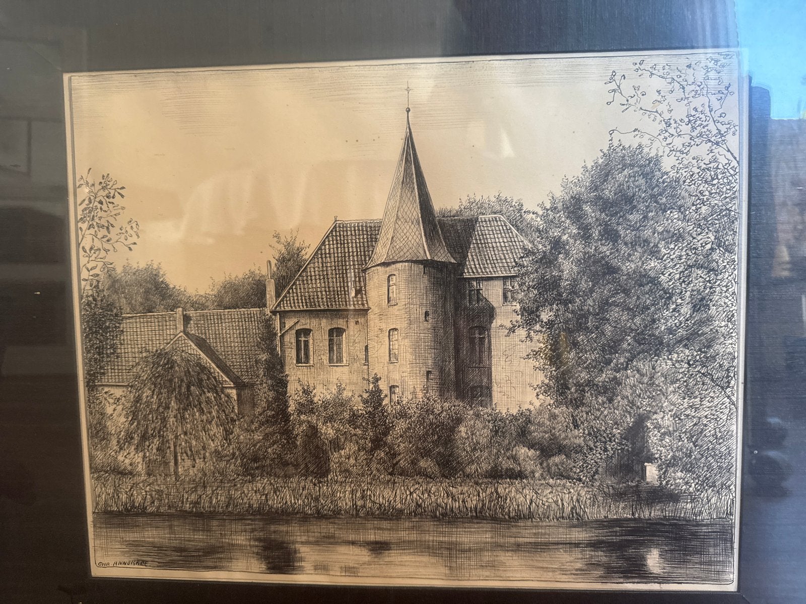 Ets van Kasteel Annickee, gesigneerd, Ophalen, Ets, Architectuur, Gesigneerd