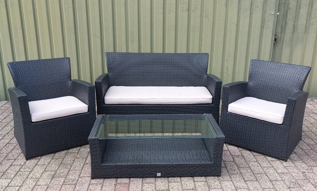 4 delige tuinset met kussens zwart poly riet., Ophalen, 4 zitplaatsen, Kunststof, Gebruikt