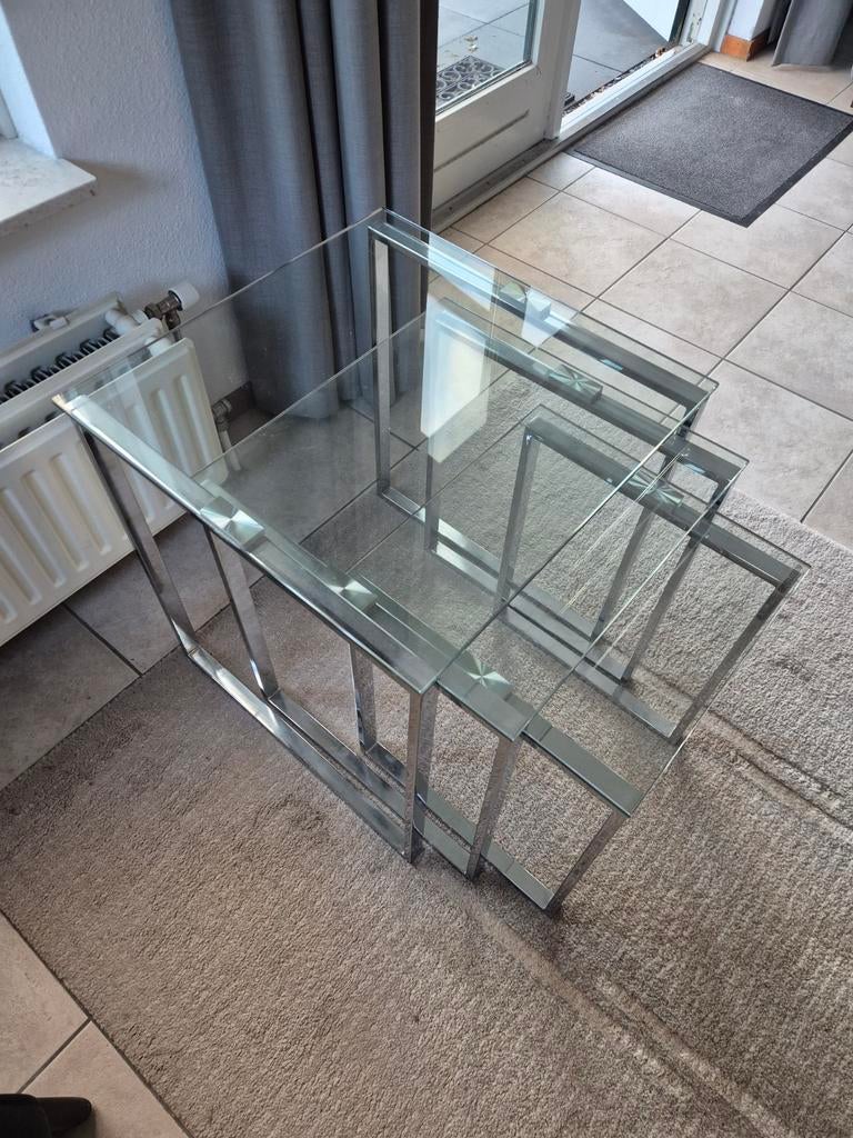 Set van 3 glazen bijzettafels, chroom onderstel, Huis en Inrichting, Ophalen, Minder dan 50 cm, Minder dan 50 cm, Zo goed als nieuw
