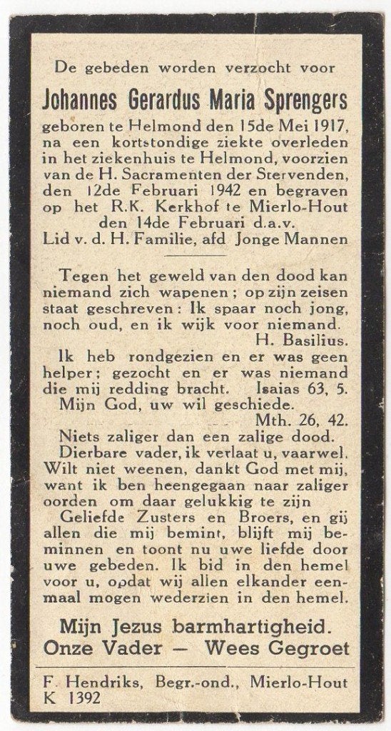 Johannes G.M. Sprengers 1917 Helmond + 1942 Helmond, 24 jr, Verzenden