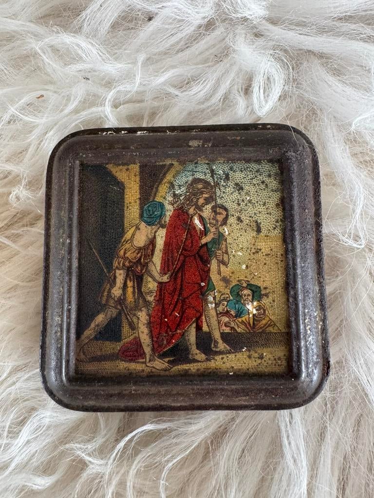 Klein vintage blikje religieus, Ophalen of Verzenden