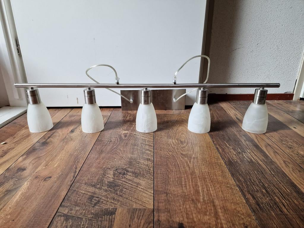 Lange hanglamp met 5 melkglazen kelken - Zilverkleurig, Ophalen, Zo goed als nieuw, Glas