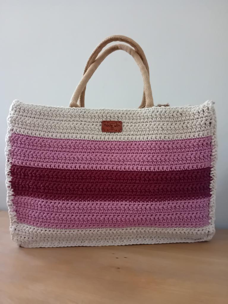 Mooie gehaakte tas met jutte binnenvoering 42x31x14 cm, Ophalen of Verzenden