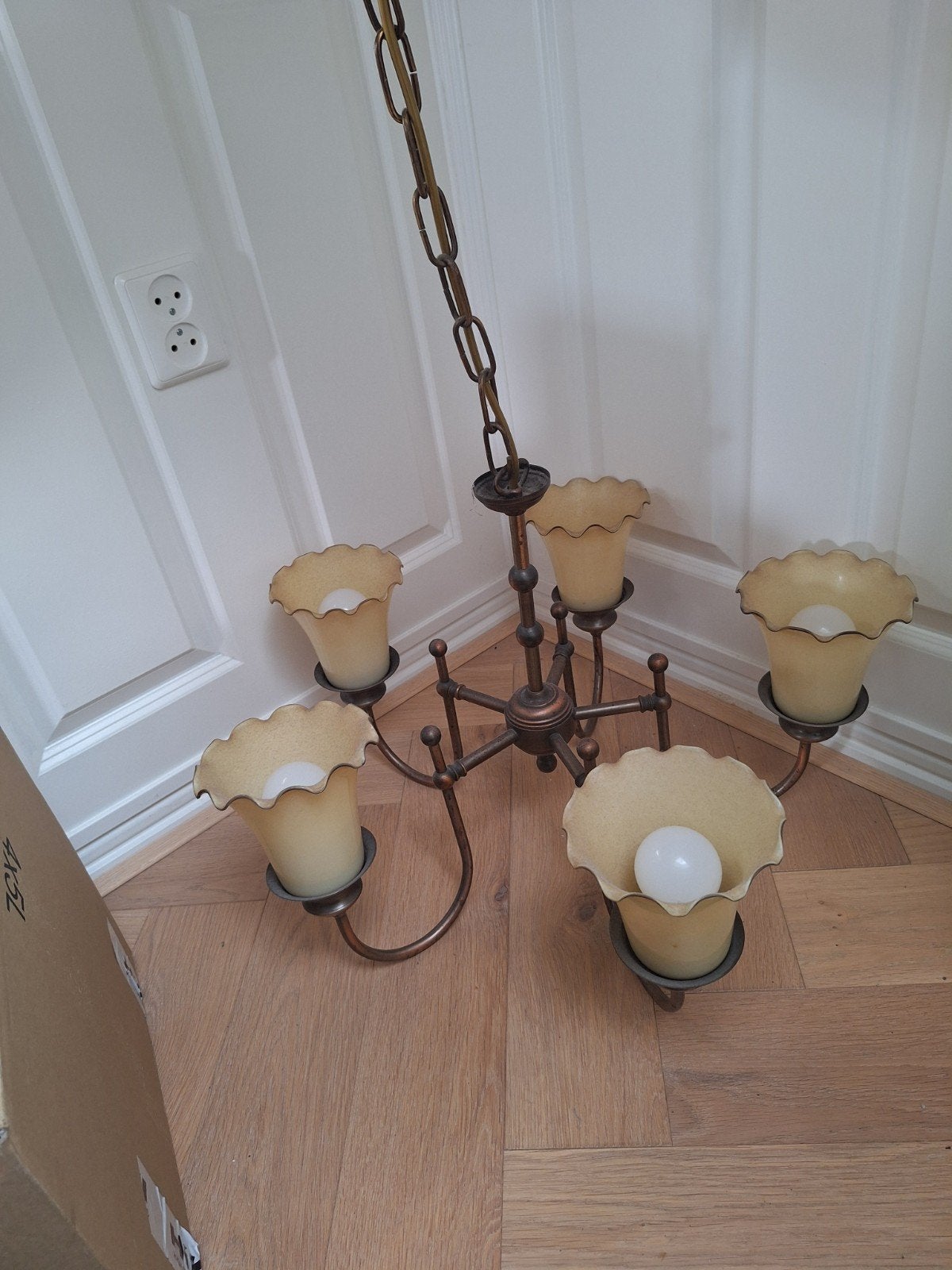 Klassieke hanglamp met 5 kelken - Bronskleurig, Ophalen, Gebruikt, Klassiek, E14 (klein)