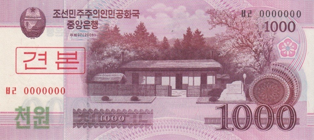 Noord-Korea bankbiljet 1000 Won 2008 'Specimen', Pick 64s, Postzegels en Munten, Bankbiljetten | Azië, Ophalen of Verzenden, Oost-Azië