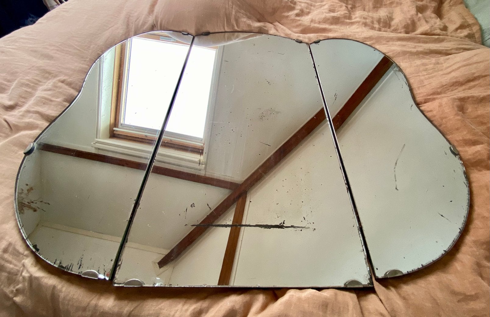 Vintage antiek drieluik spiegel, Huis en Inrichting, Woonaccessoires | Spiegels, Ophalen, Gebruikt, 75 tot 100 cm, Minder dan 100 cm