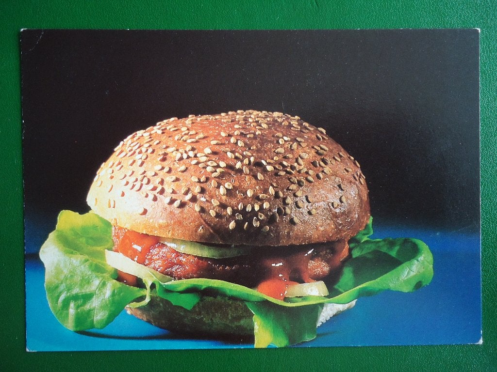(182) Kaart: Broodje hamburger, Verzenden, 1980 tot heden, Gelopen