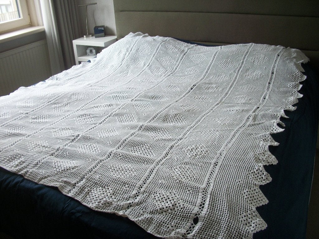 Vintage gehaakte Sprei - Wit/Ecru - Katoen - 190 x 180 cm, Gebruikt, Eenpersoons, Handgemaakt, Wit
