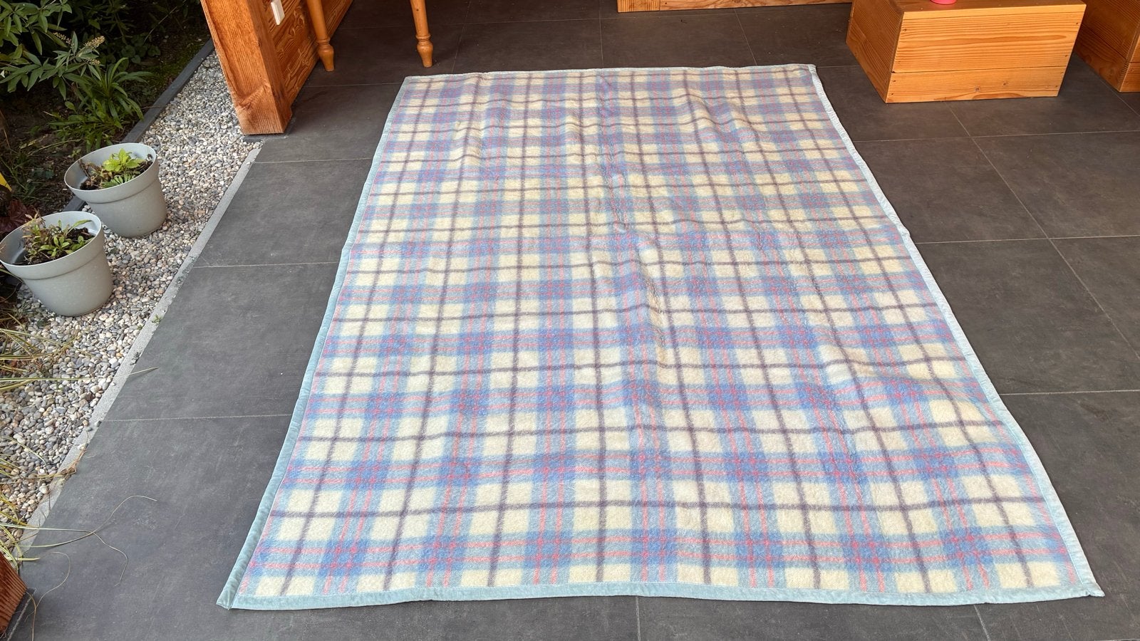 Vintage Aabe wollen deken - Blauw geruit 160 x 234, Gebruikt, Eenpersoons, Blauw, Ophalen of Verzenden