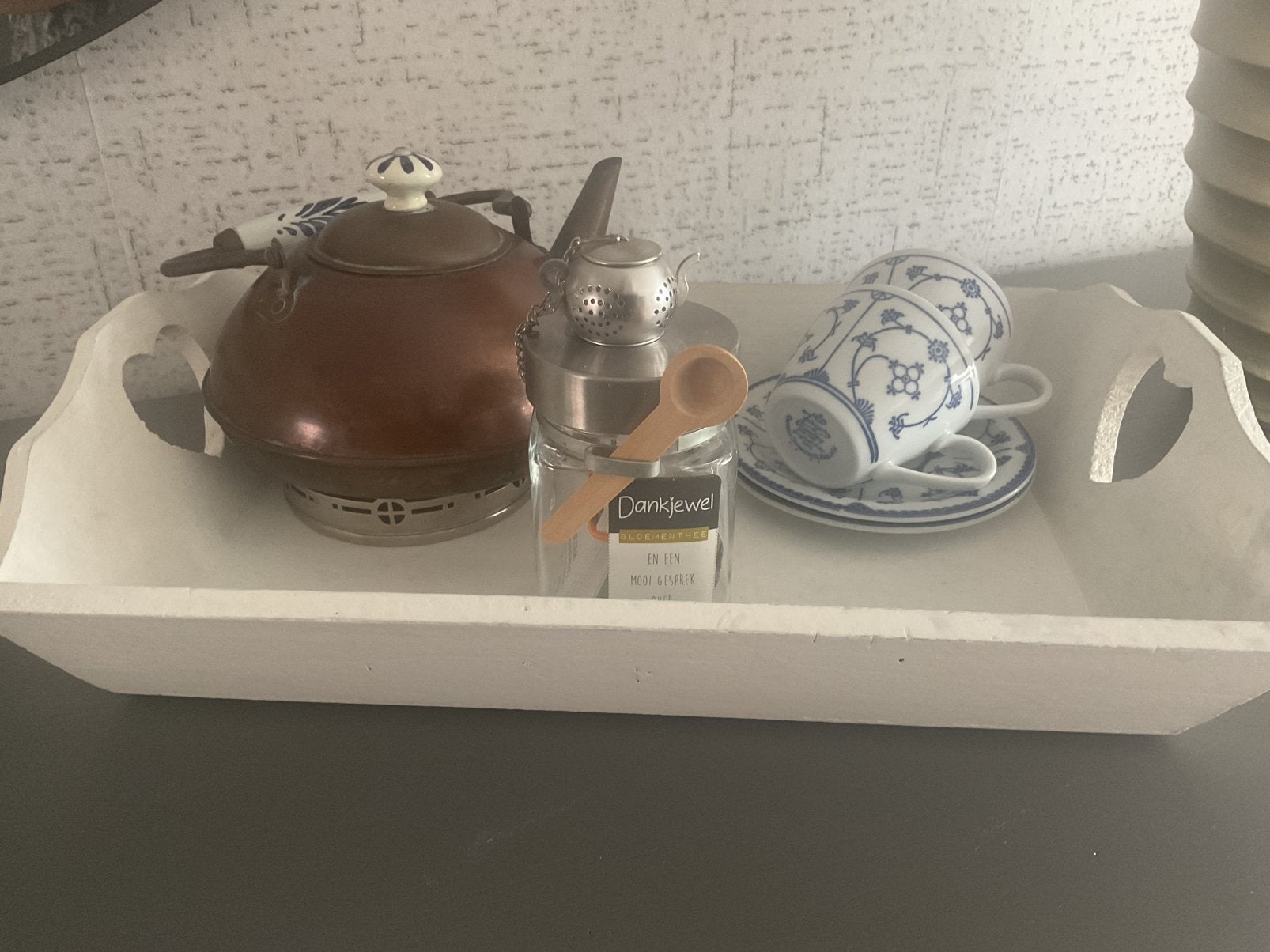 Mooie 8-delige set:dieblad,kannetje,2xkop&schotel,etc, Huis en Inrichting, Woonaccessoires | Dienbladen, Ophalen of Verzenden