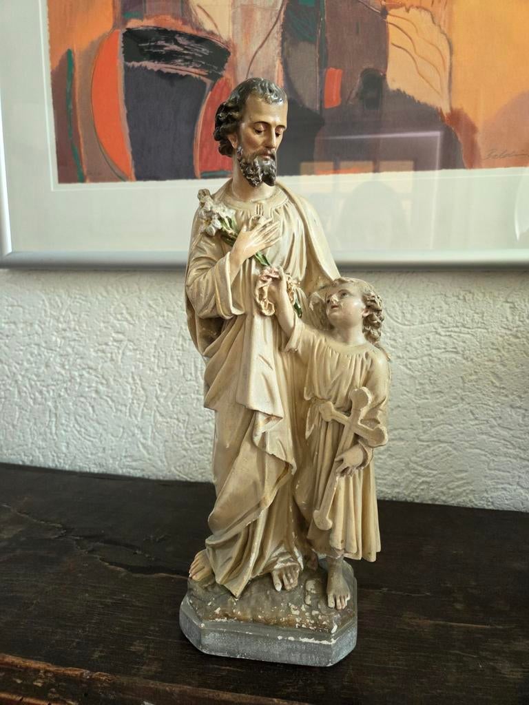 Antiek Jozef beeld met kindje Jezus - Religieuze kunst, Ophalen of Verzenden