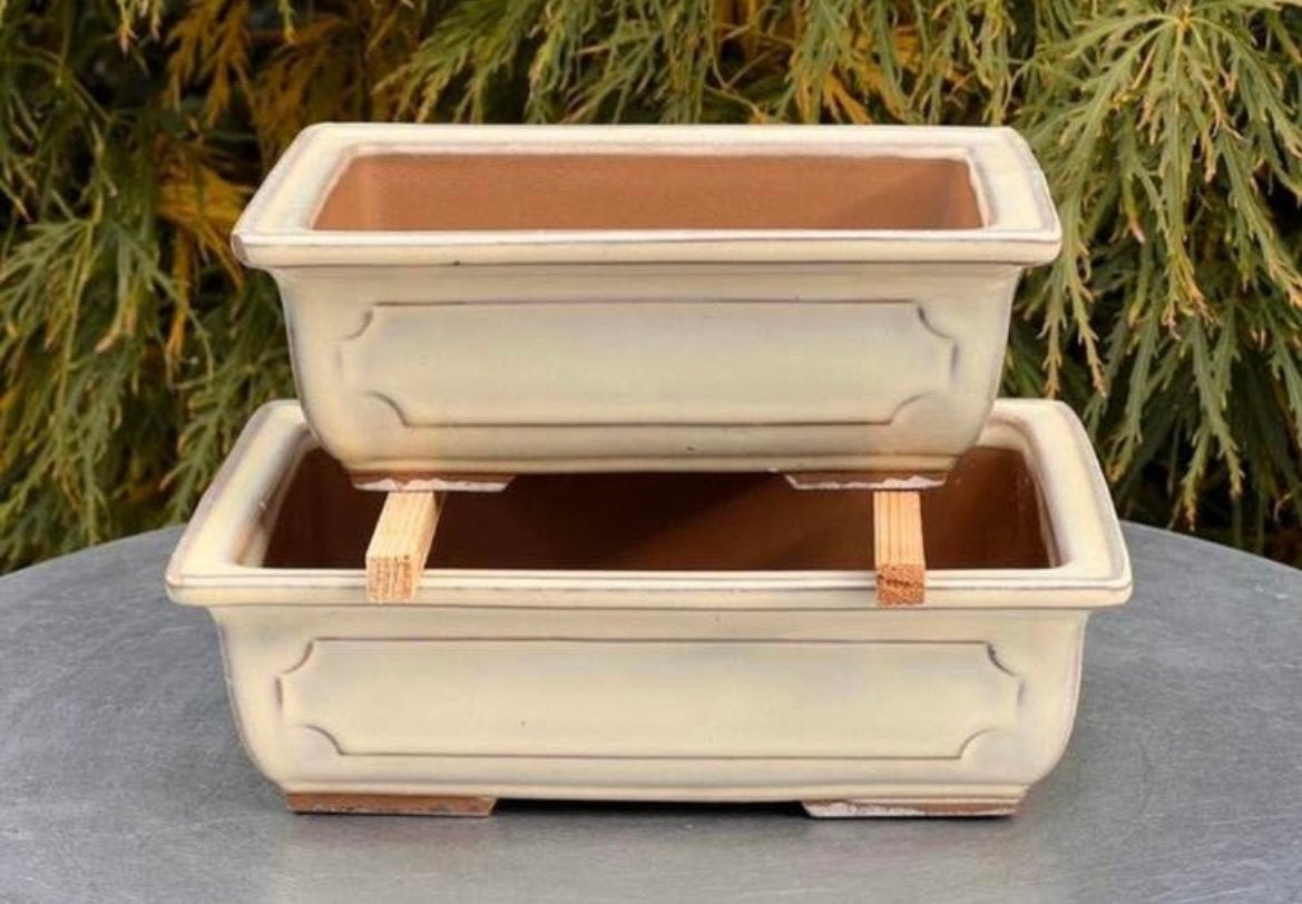Bonsai schalen set (2) crème geglazuurd Japans aardewerk., Ophalen of Verzenden, Zo goed als nieuw, Aardewerk, Rechthoekig