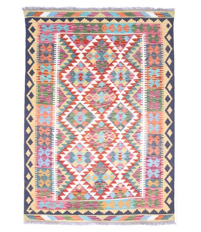 Handgeweven Traditioneel Kelim Vloerkleed Wol 181x129 cm, 100 tot 150 cm, Blauw, Nieuw, Ophalen of Verzenden