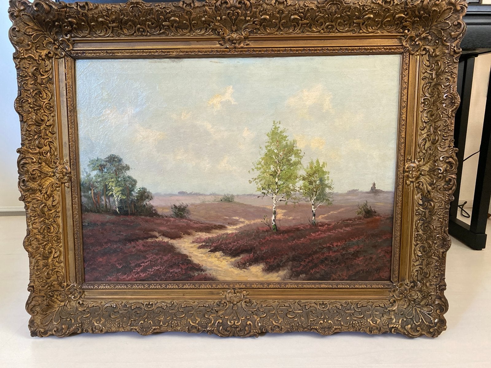 Heide landschap schilderij met berkenbomen, gesigneerd, Doek, Realistisch, Ophalen of Verzenden, Gesigneerd