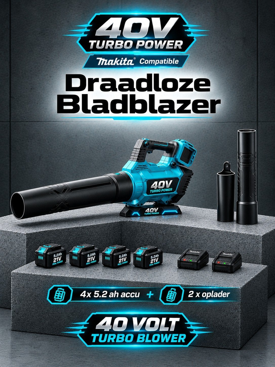 Turbo Bladblazer 36V met 4x 5.2Ah Accu. Makita® Compatible., Nieuw, Ophalen of Verzenden, Seesii for Makita®, Accu