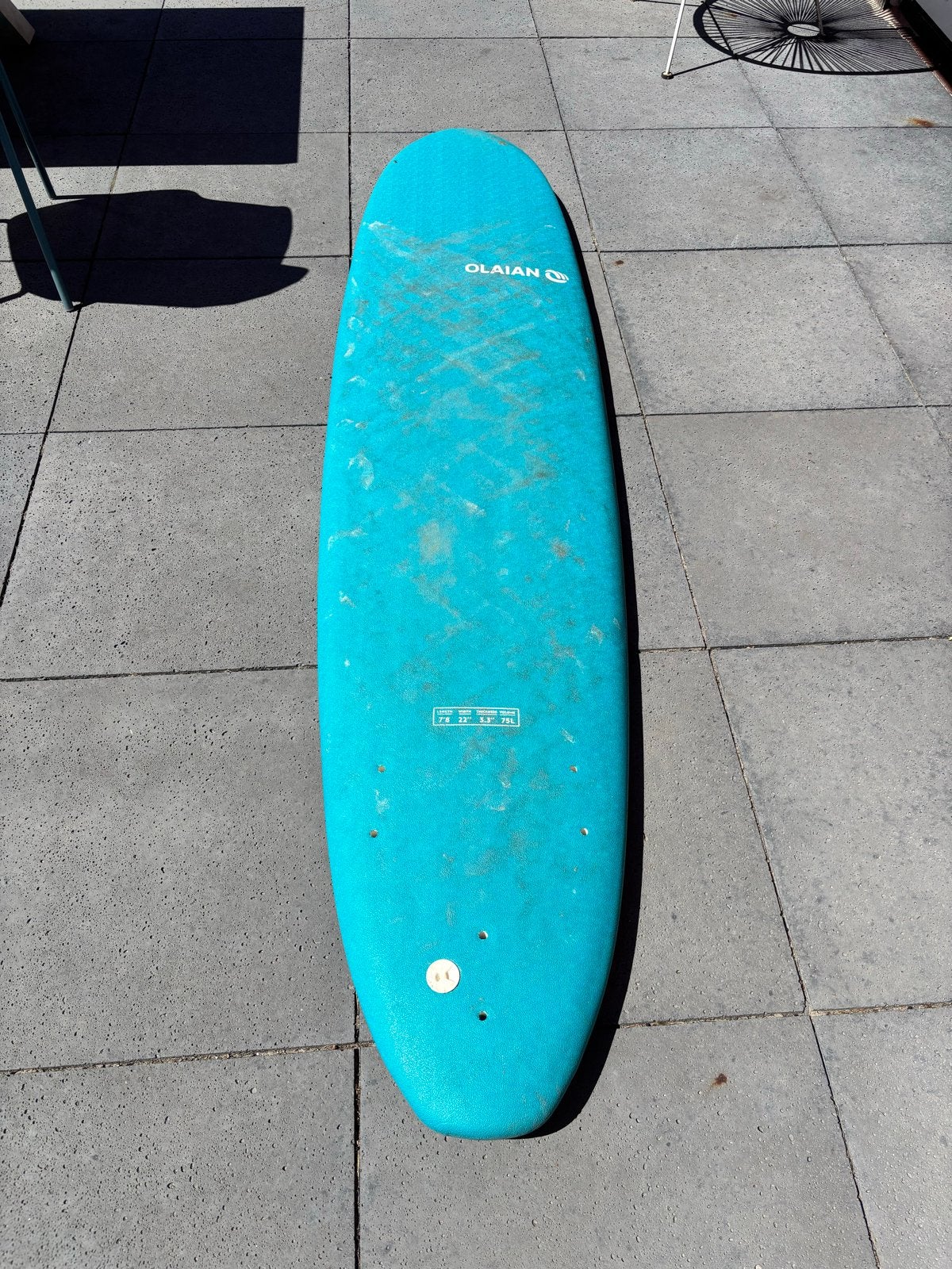 Olaian Softtop surfboard 7'8" - Ideaal voor vakantie, Ophalen, Gebruikt, Funboard, Met vinnen