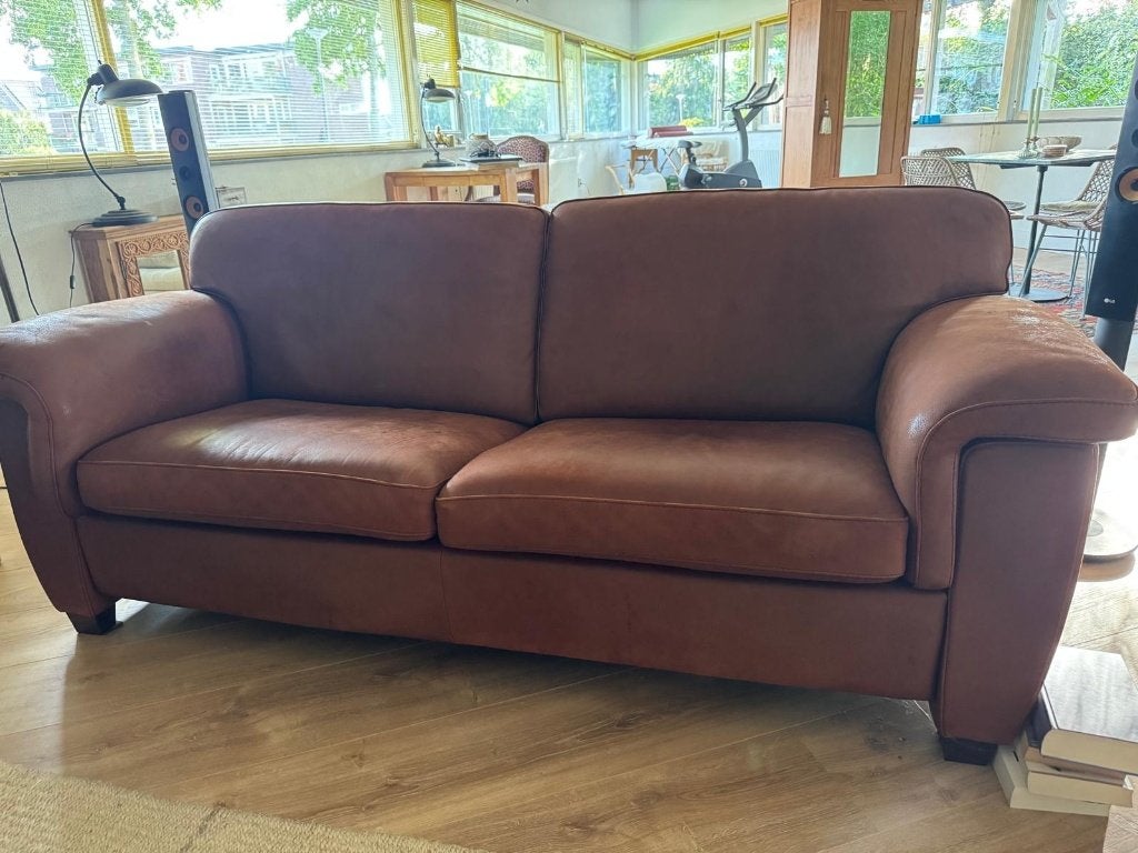 BENCH luxe leren bank en twee fauteuils, leder cognac/bruin, Ophalen, 250 tot 300 cm, Gebruikt, Rechte bank