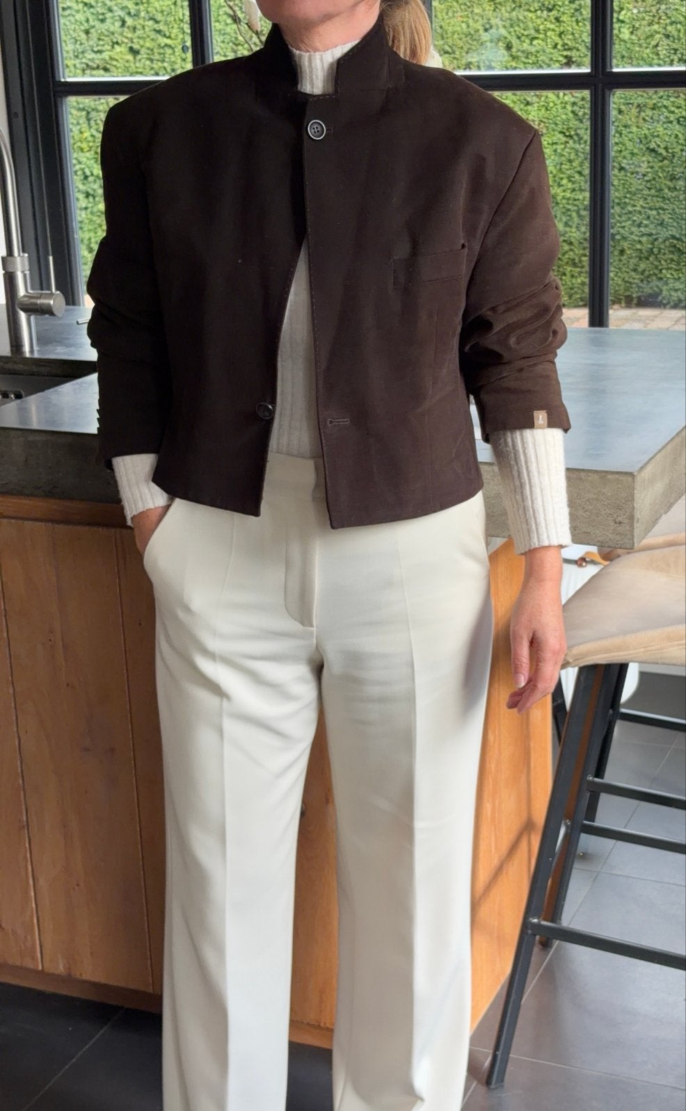 Uniek Upcycled Cropped Blazer/Jasje - Chocoladebruin, Ophalen of Verzenden, Zo goed als nieuw, Maat 38/40 (M), Bruin