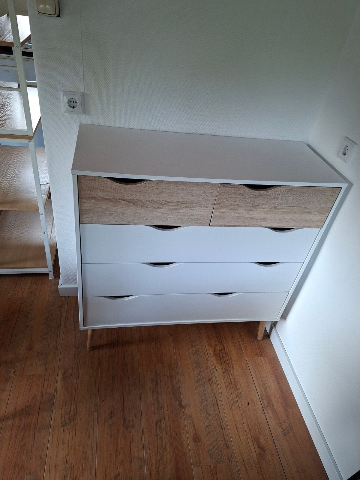 Wit / lichteiken commode met 5 laden, Ophalen, Gebruikt, Modern, Scandinavisch, 100 tot 150 cm